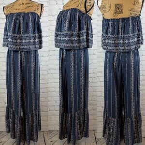 Japna Blue Paisley Print Strapless Ruffled Jumpsuit
